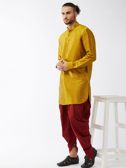 Vastramay Men's Mustard Curved Kurta Dhoti Set